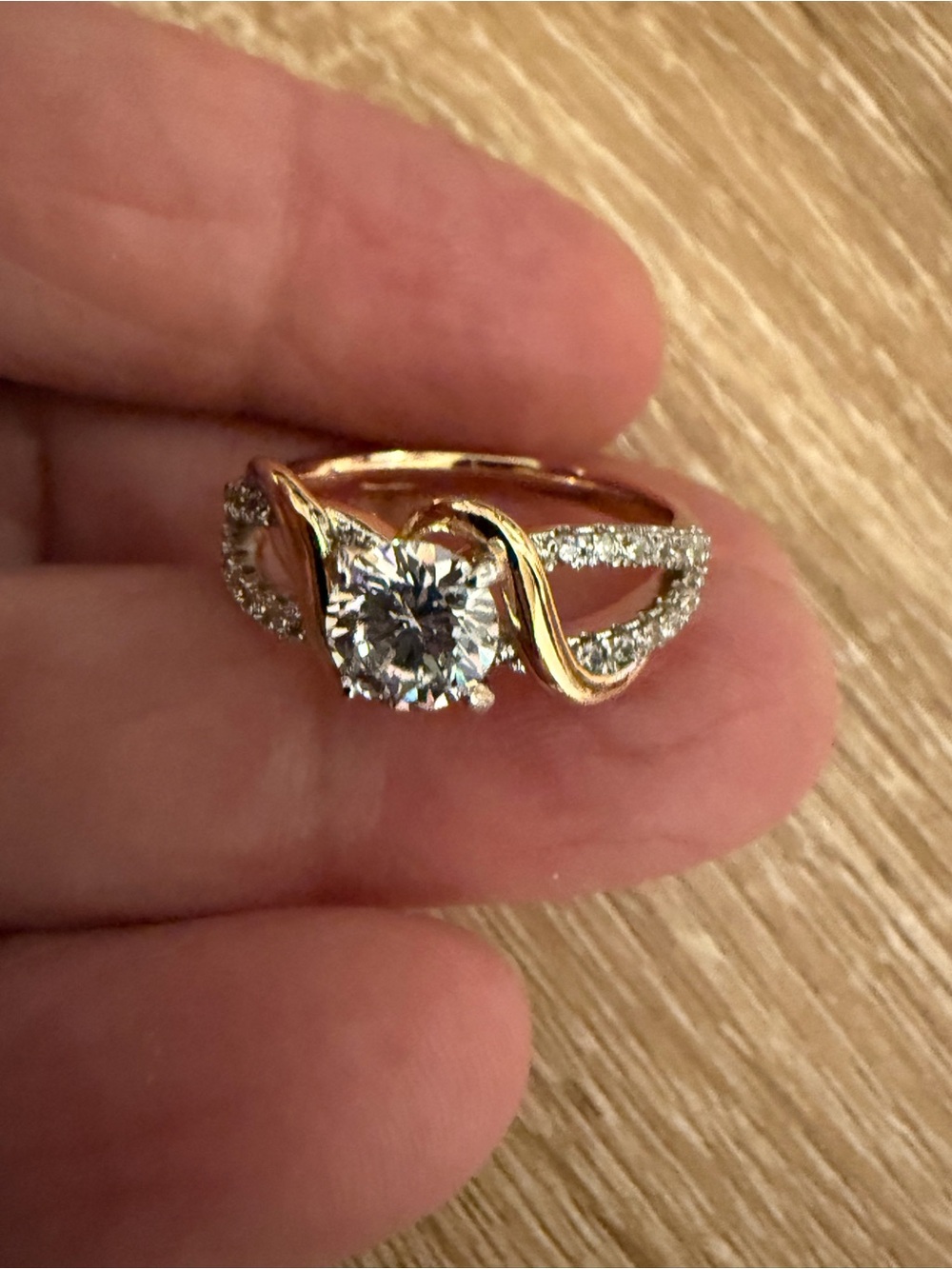 Gold-Tone Solitaire Twist Ring with Clear CZ Accent Stones - Women Jewelry
